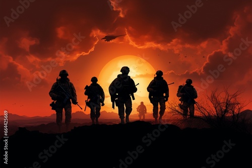 Desert sunsets backdrop American soldier silhouettes, a testament to dedication