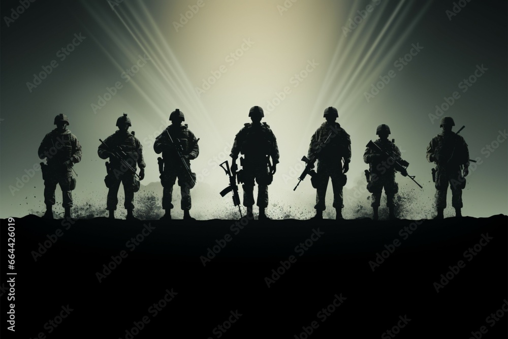 Disciplined army soldiers shadows in a minimalist side silhouette style Disciplined army soldiers shadows in a minimalist side silhouette style
