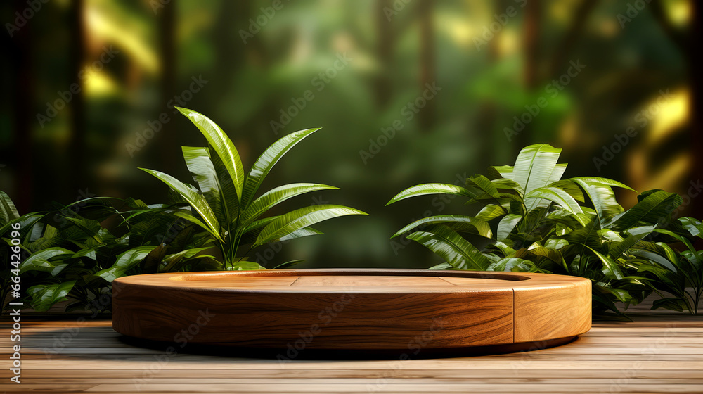 3d illustration of empty podium ,display for product mockup ,natural eco friendly background