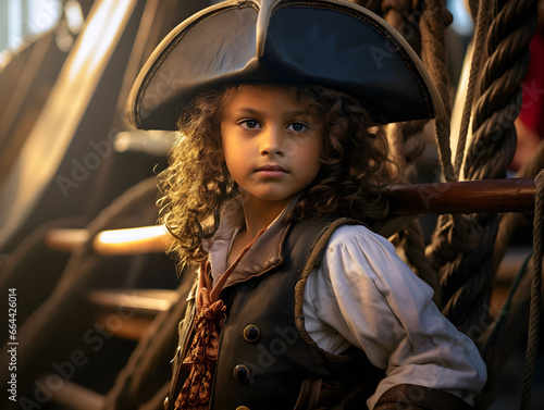 Pretty little boy in a pirate ship, on pirate costume for a birthday party, pirate kid, children in costume, halloween costume party, tricorn hat