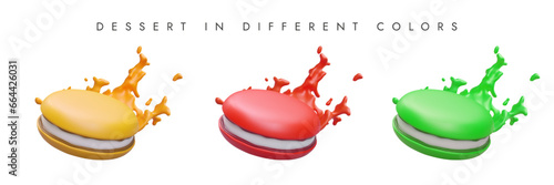 Realistic sandwich cookies with syrup, cream splashes. Set of vector illustrations of different colors. Sweet baked dessert with cream layer. Sweets shop icons