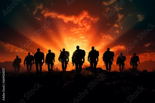 Dramatic backdrop enhances the impact of silhouetted soldiers in action