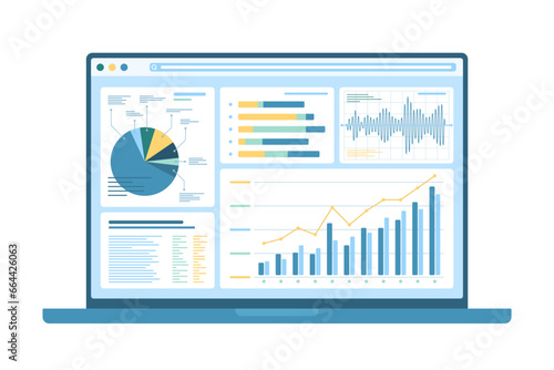Business data analysis and monitoring vector illustration. Cartoon isolated laptop desktop with finance support service, infographic graph of stock market report, automation of chart analysis