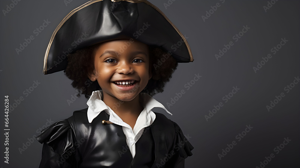 Obraz premium studio portrait of a young black boy dressed as a pirate with a pirate hat, pirate captain costume, for a historical party, disguised, on a grey background, happy child, smiling, pirate themed event