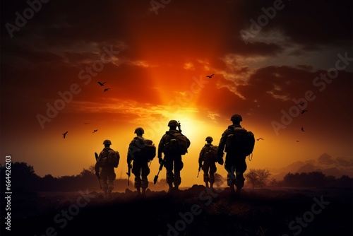 Dusk descends on a group of soldiers, their silhouettes strong
