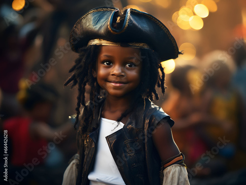 little black boy in a pirate costume for a birthday party, pirate kid, children in costume, halloween costume party, on the deck of a ship, historical costume, young pirate, kid pirate © GrafitiRex
