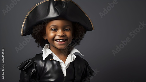 studio portrait of a young black boy dressed as a pirate with a pirate hat, pirate captain costume, for a historical party, disguised, on a grey background, happy child, smiling, pirate themed event