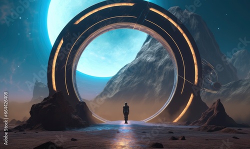 Astronaut in front of dimensional portal. photo