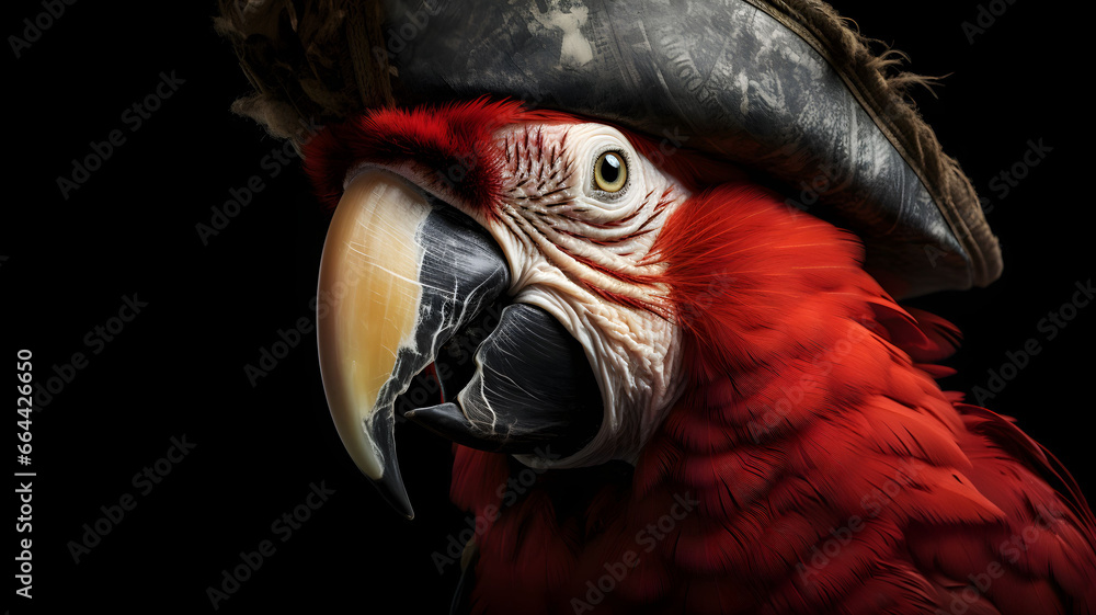 Fototapeta premium Parrot in a pirate costume, pirate themed event, pirate party, on a black background, tropical bird, paradise bird, pirate hat, isolated