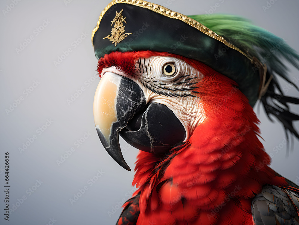 Naklejka premium Parrot in a pirate costume, pirate themed event, pirate party, on a white background, tropical bird, paradise bird, pirate hat, isolated