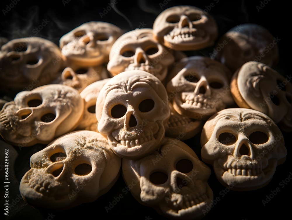 Sugar cookie with pirate decoration,  skulls, cookies for halloween, dia de los muertos, skeleton, creepy pastry for children, icing on biscuits, pirate party, homemade food, sweets