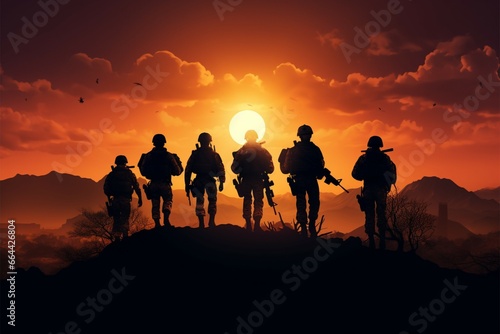 Heroic American soldiers shadows grace a desert sunset  defending freedom