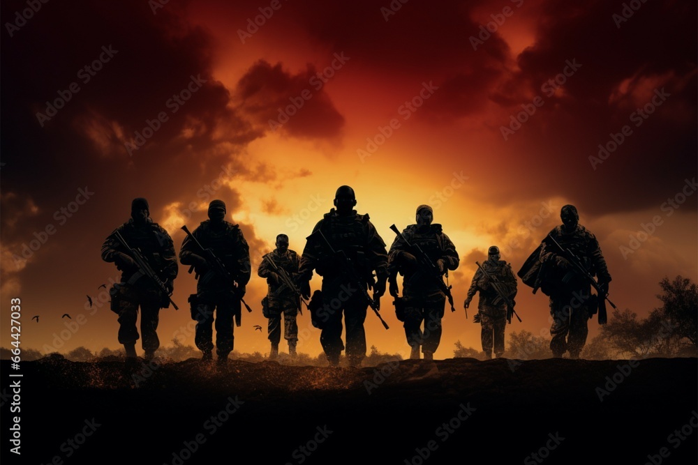 In Shadows of Valor, soldier silhouettes illuminate strength and dedication