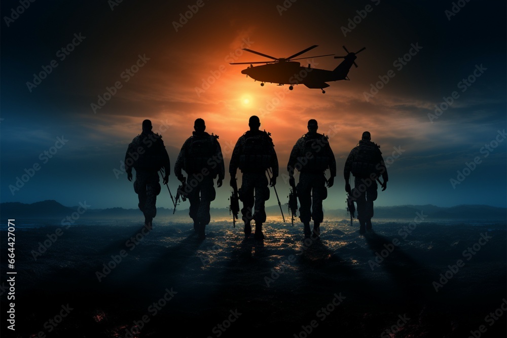 Fototapeta premium In silhouette, the military team exudes strength, purpose, and unity