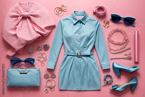Blue and pink set of female clothes and accessories © Meeza