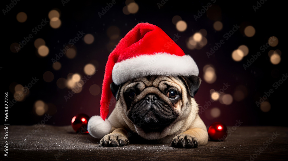 Pug dog with red santa claus hat , christmas and new year background Pug dog with red santa claus hat , christmas and new year background