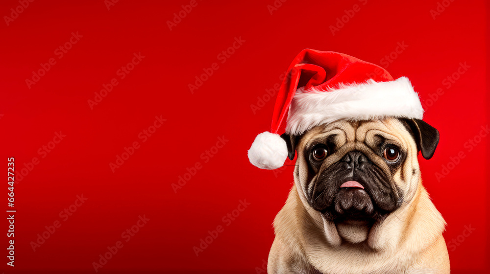 Pug dog  with red santa claus hat , christmas and new year background 