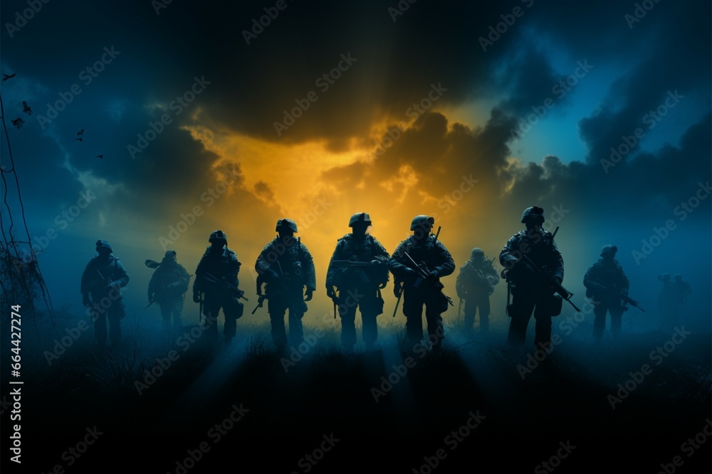 In the darkness, Brave in the Dark illustrates army soldier silhouettes