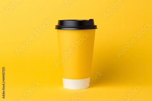 Blank coffee cup isolated on yellow background.