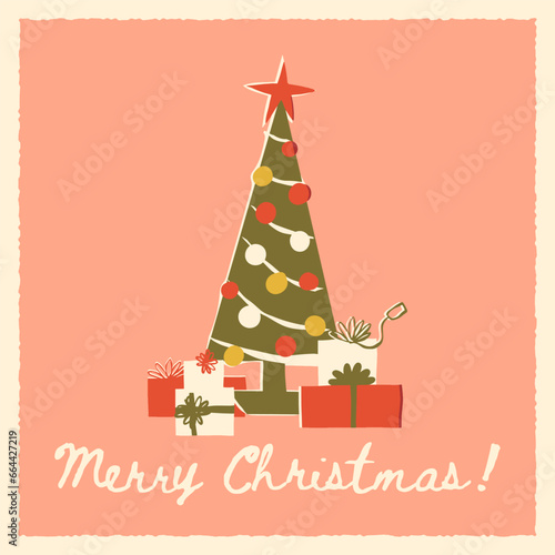 Merry Christmas retro greeting card with hand lettering and cute decorated Christmas Tree. Vector A5 card, banner design photo