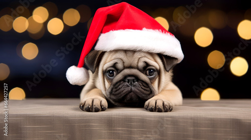 Pug dog with red santa claus hat , christmas and new year background 