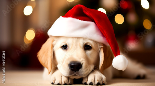 Puppy golden retriever , labrador with red santa claus hat , christmas and new year background 