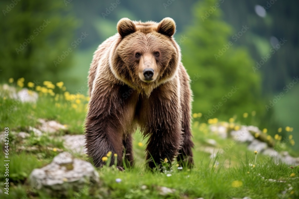 Brown bear moving on the green meadow in springtime nature. Brown bear moving on the green meadow in springtime nature.