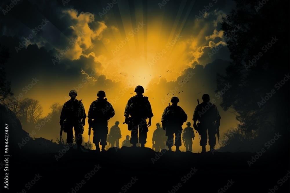 In the shadows, the silhouette of soldiers evokes strength and valor