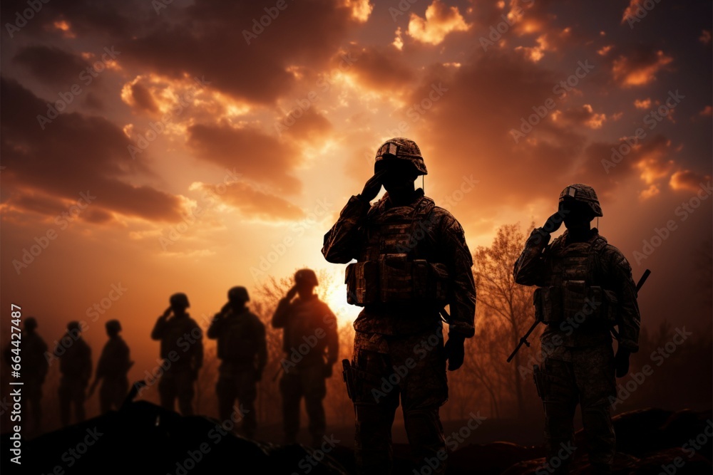 In the sunsets embrace, soldiers silhouettes honor with resolute salutes