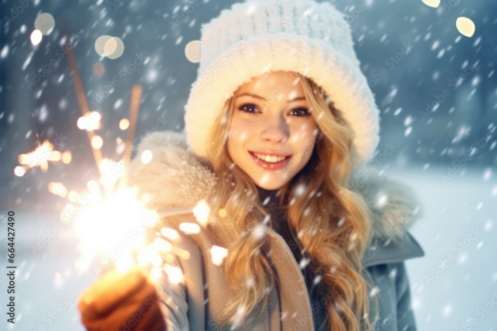 high key lighting woman holding sparklers winter snow