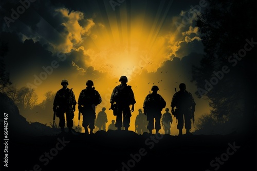 In the shadows, the silhouette of soldiers evokes strength and valor