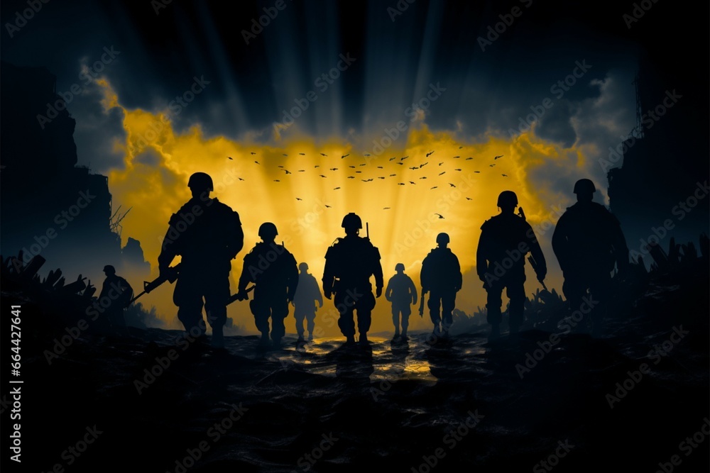 Fototapeta premium In wars shadow, The Unseen Courage of soldiers silhouettes emerges