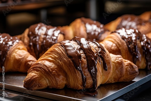 Chocolate croissants in bakery. photo