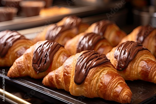 Chocolate croissants in bakery. photo