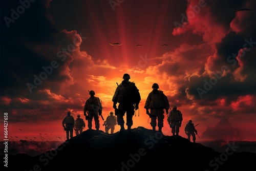 Intense background accentuates the commanding presence of soldiers silhouettes