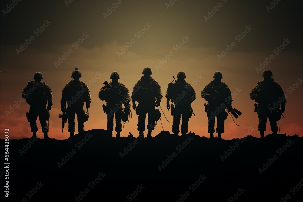 Minimalist side silhouette army soldiers disciplined shadows in profile