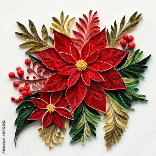Quilled Poinsettia Bouquet, Graceful Holiday Christmas Paper Quilling, Flower Craft Isolated on White Background