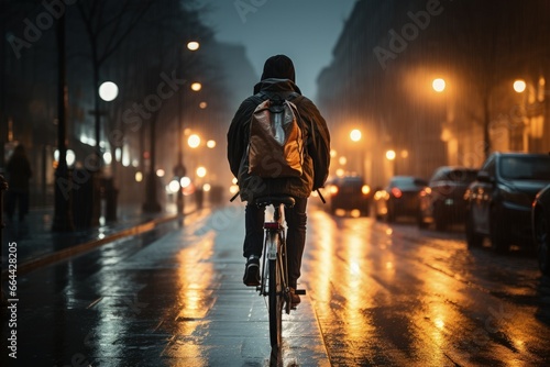 A man riding a bicycle on a rainy evening street © FryArt Studio
