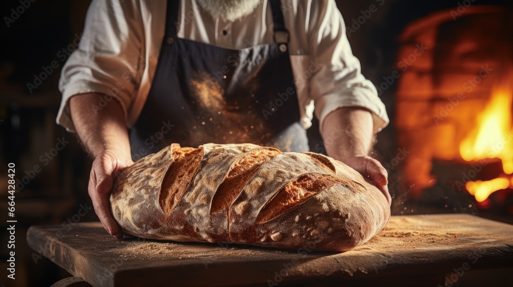 baker showcasing hot fresh white bread from oven in rustic kitchen