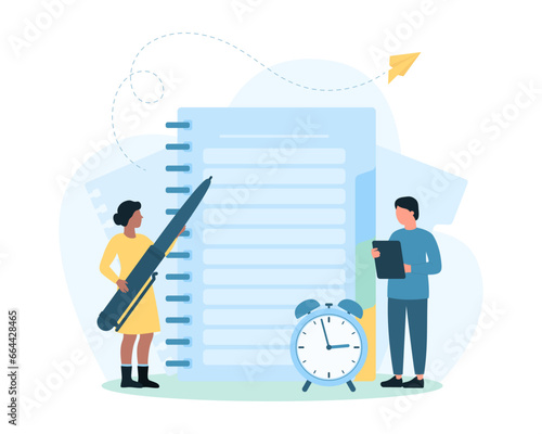 Diary, daily planner and agenda in office notepad vector illustration. Cartoon tiny people holding pen to write important notes in paper notebook, man and woman make report for task organization