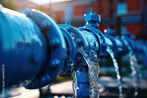 Closeup new blue taps with valve for drinking water pipeline, banner industry waterworks