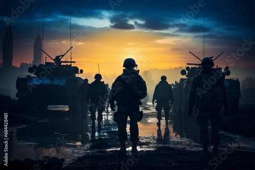 NATO soldiers silhouettes juxtaposed with advanced military equipment in formation