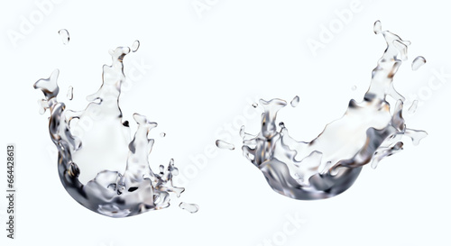 Two different splashes of crystal water in different variations. Poster with white background and place for text. Clear aqua concept. Vector illustration in 3d realistic style