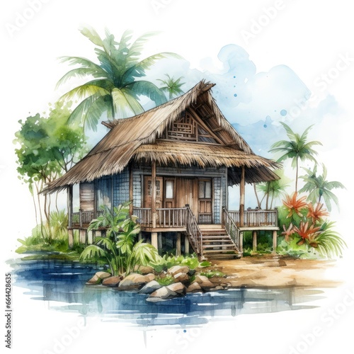 A watercolored bright serene image of a traditional bahay kubo.