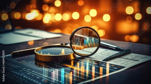 Strategic Business Audit and Financial Management: Analyzing Data for Profitable Growth, Magnifying glass science and technology, Graphs and dashboard