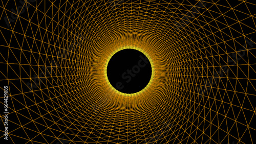 Fototapeta Naklejka Na Ścianę i Meble -  Yellow wireframe tunnel, Abstract wireframe funnel. Abstract dynamic wormhole tunnel on black background. Deep wavy wormhole. 3d rendering