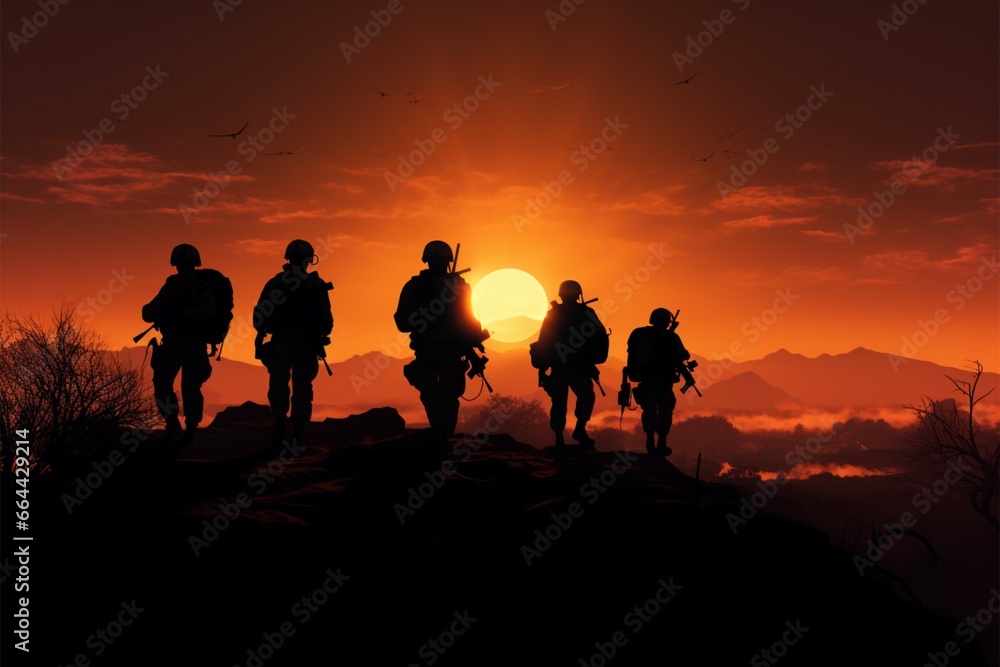 Silhouetted American troops, under a desert sun, embodying bravery and duty