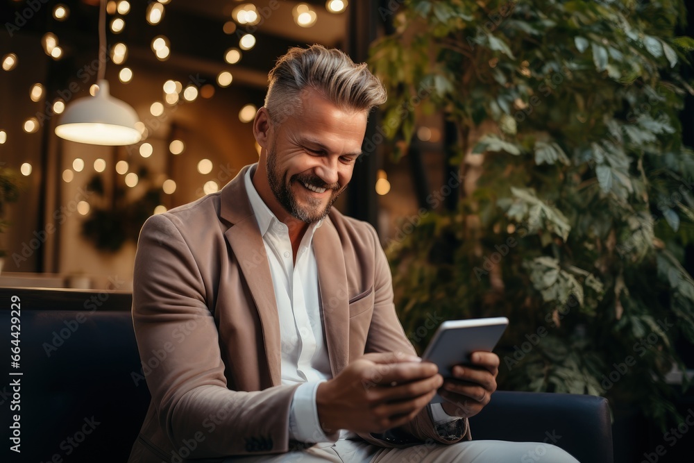 positive hipster guy in stylish wear reading news positive hipster guy in stylish wear reading news