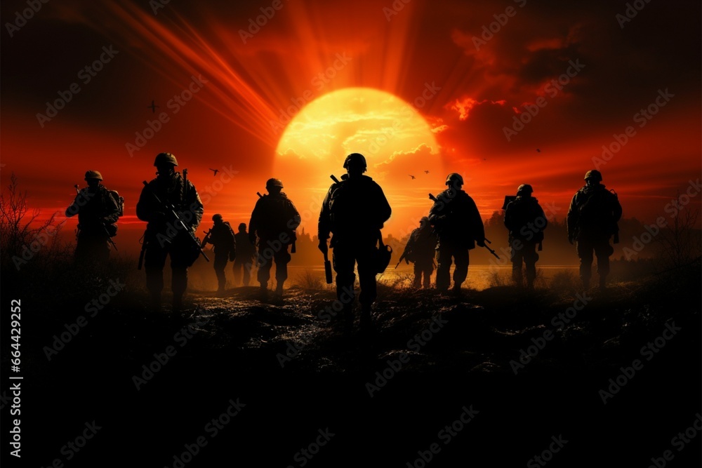 Silhouetted army formations set against a backdrop of formidable power