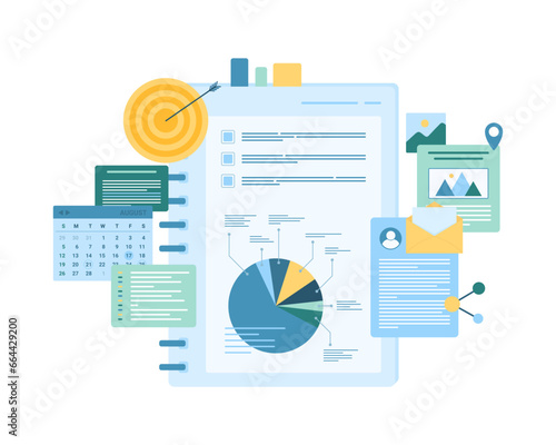 Project management and planning vector illustration. Cartoon isolated planner with work progress presentation, infographic analysis charts and calendar, schedule details to organize business event